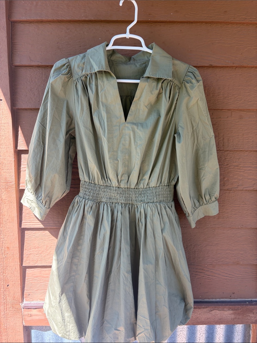 Olive Green Smocked Waist Puff-Sleeve Dress